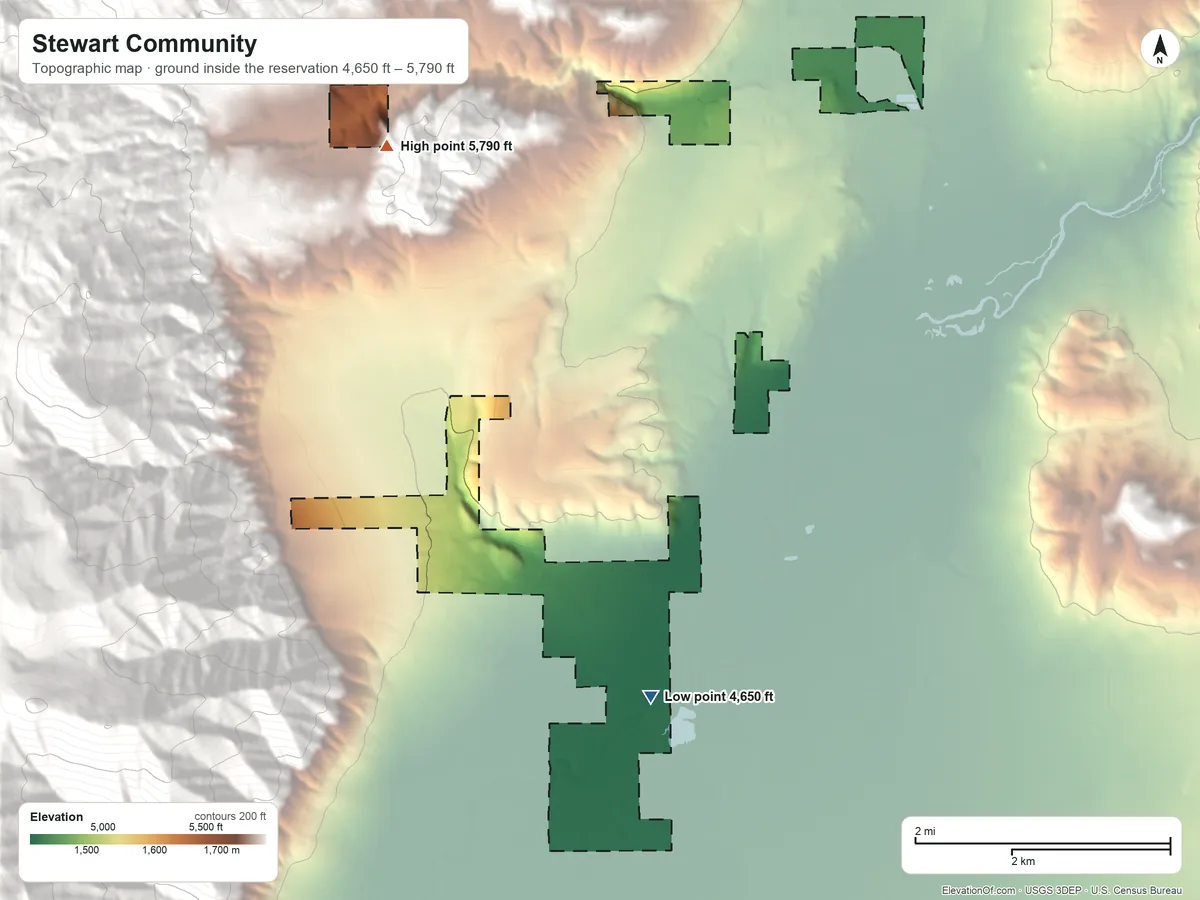 Topographic elevation map of Stewart Community, Nevada, shaded from 4,650 ft on the south side to 5,790 ft on the northwest side