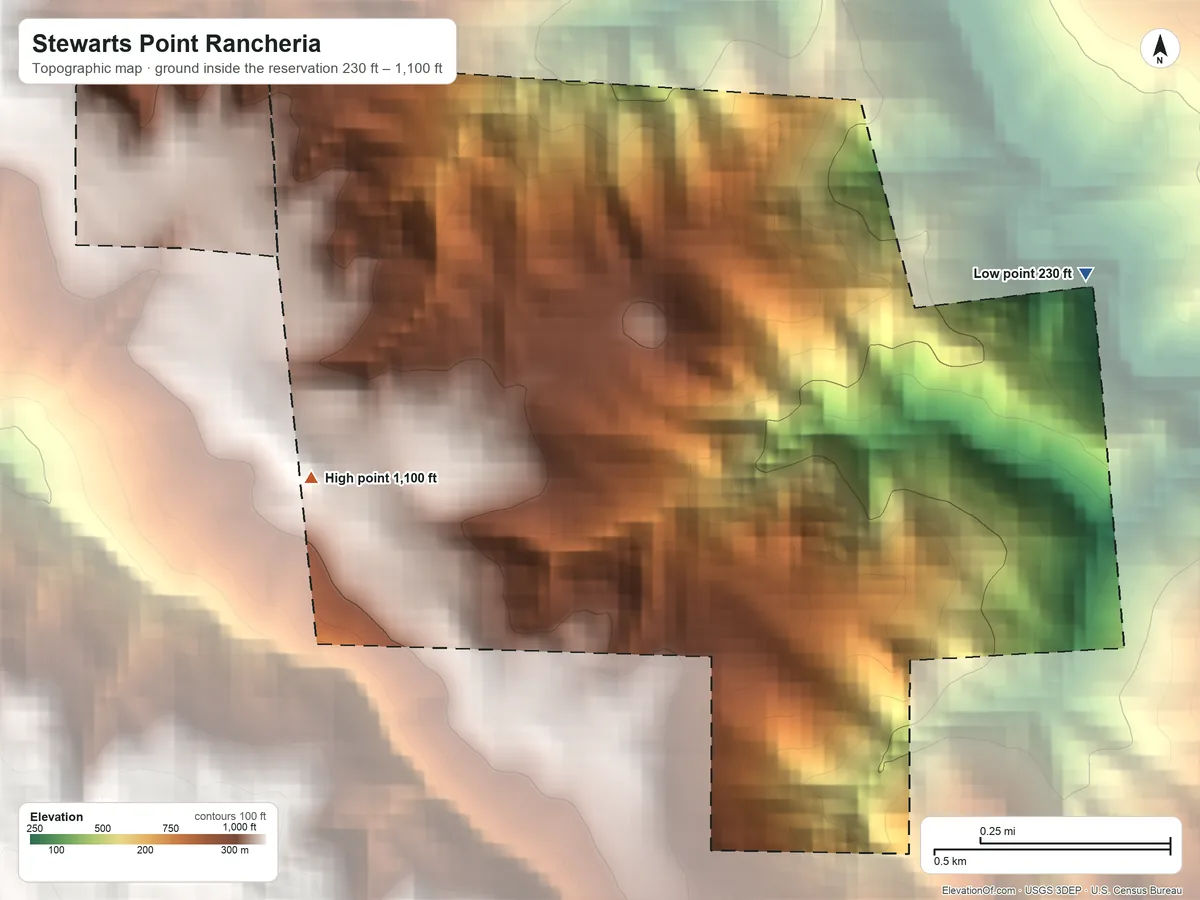 Topographic elevation map of Stewarts Point Rancheria, California, shaded from 230 ft on the east side to 1,100 ft on the west side
