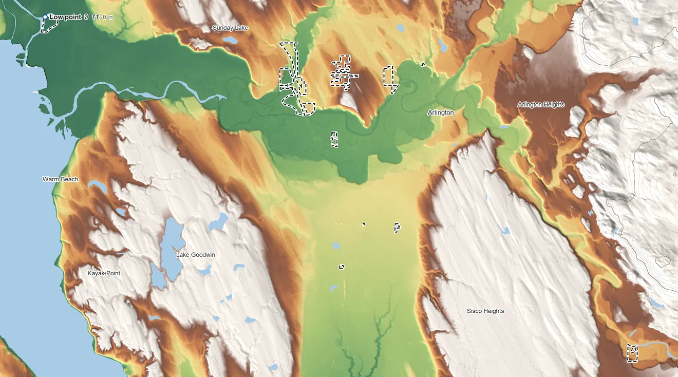 Topographic elevation map of Stillaguamish Reservation, Washington, shaded from 0 ft on the northwest side to 360 ft on the northwest side