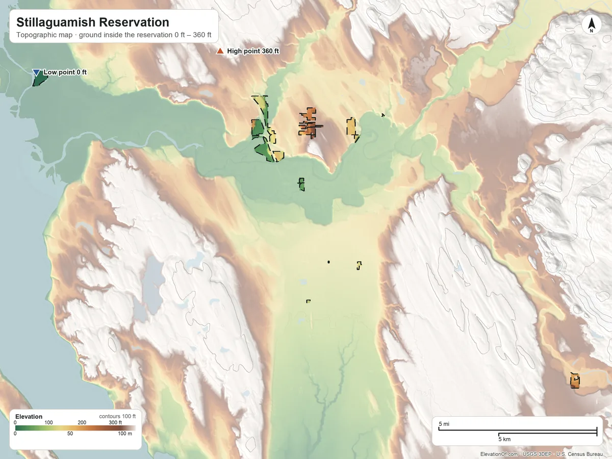 Topographic elevation map of Stillaguamish Reservation, Washington, shaded from 0 ft on the northwest side to 360 ft on the northwest side