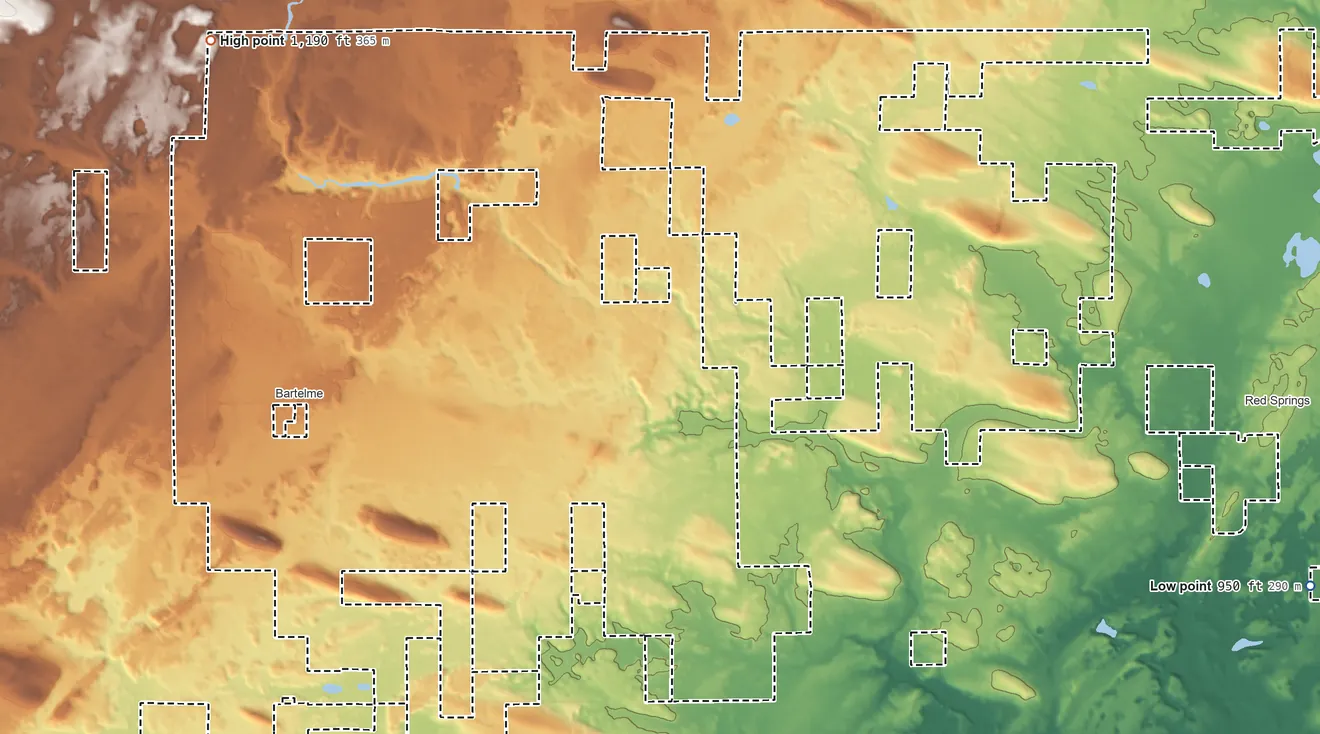 Topographic elevation map of Stockbridge Munsee Community, Wisconsin, shaded from 950 ft on the east side to 1,190 ft on the northwest side