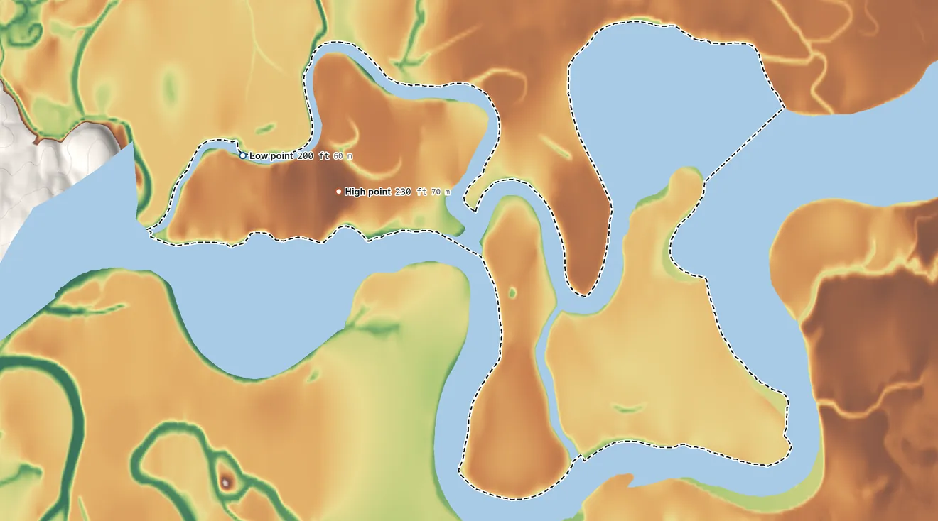 Topographic elevation map of Stony River ANVSA, Alaska, shaded from 200 ft on the northwest side to 230 ft on the northwest side