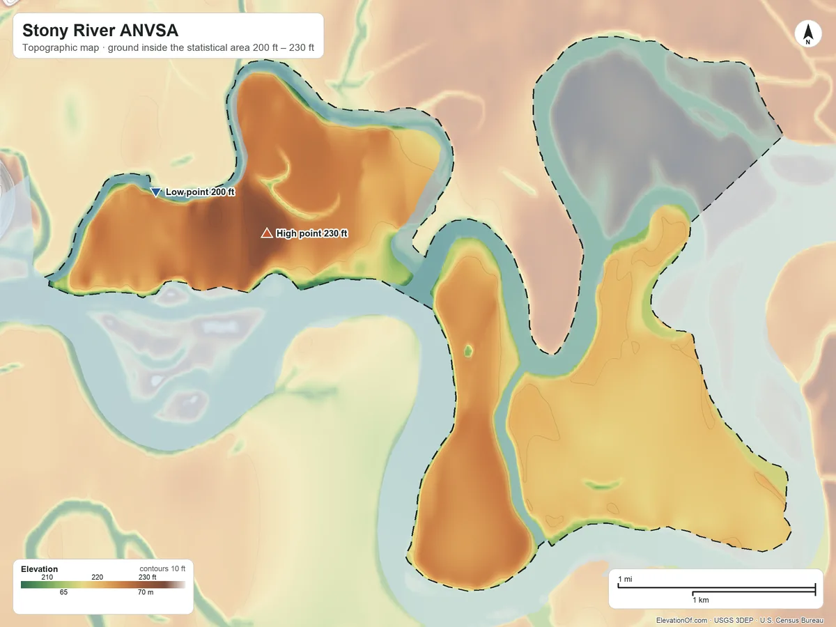 Topographic elevation map of Stony River ANVSA, Alaska, shaded from 200 ft on the northwest side to 230 ft on the northwest side