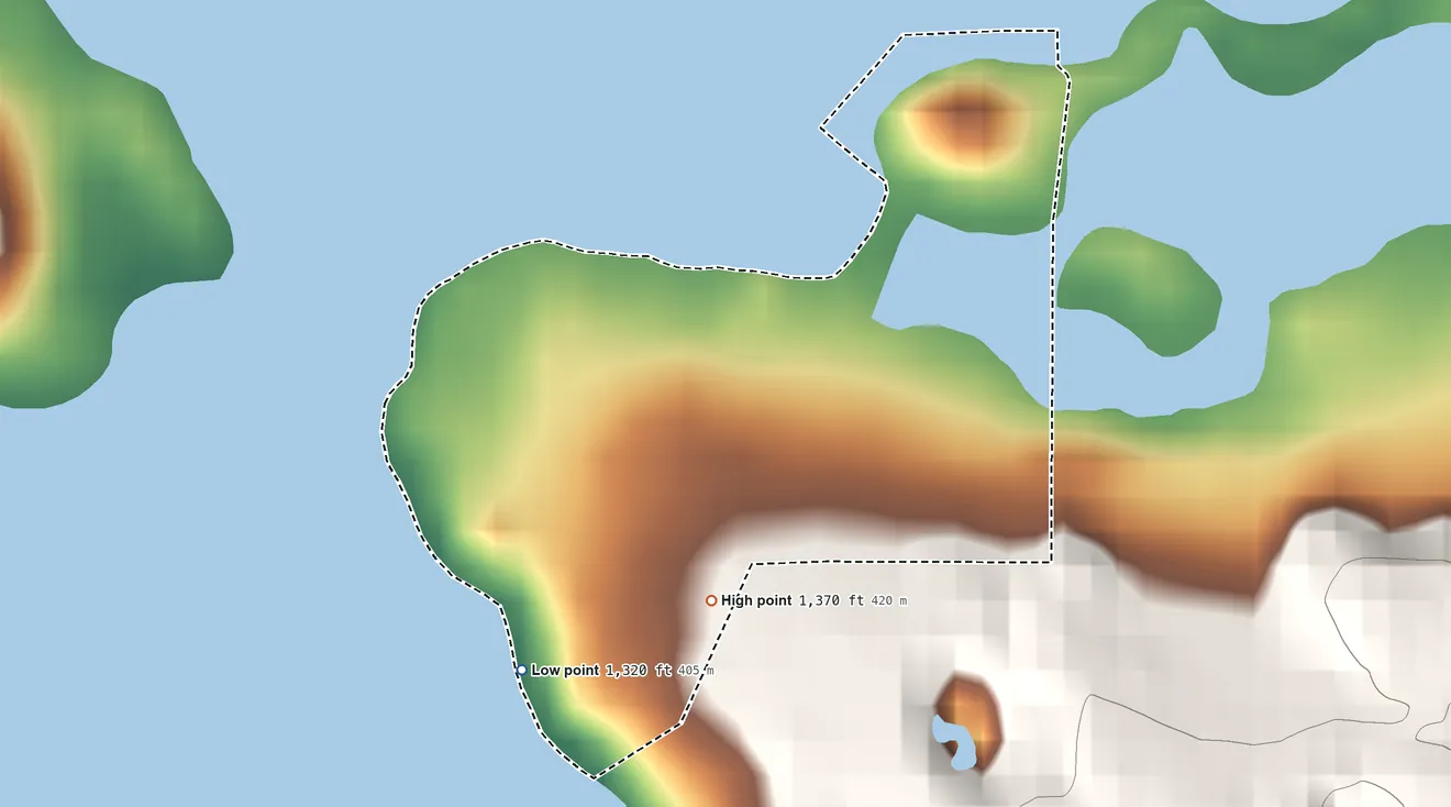 Topographic elevation map of Sulphur Bank Rancheria, California, shaded from 1,320 ft on the southwest side to 1,370 ft on the south side