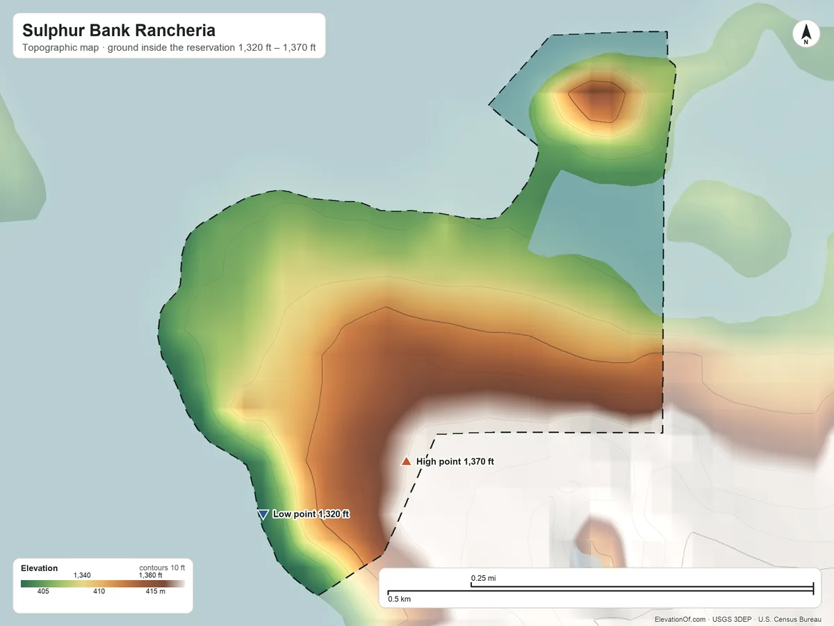 Topographic elevation map of Sulphur Bank Rancheria, California, shaded from 1,320 ft on the southwest side to 1,370 ft on the south side