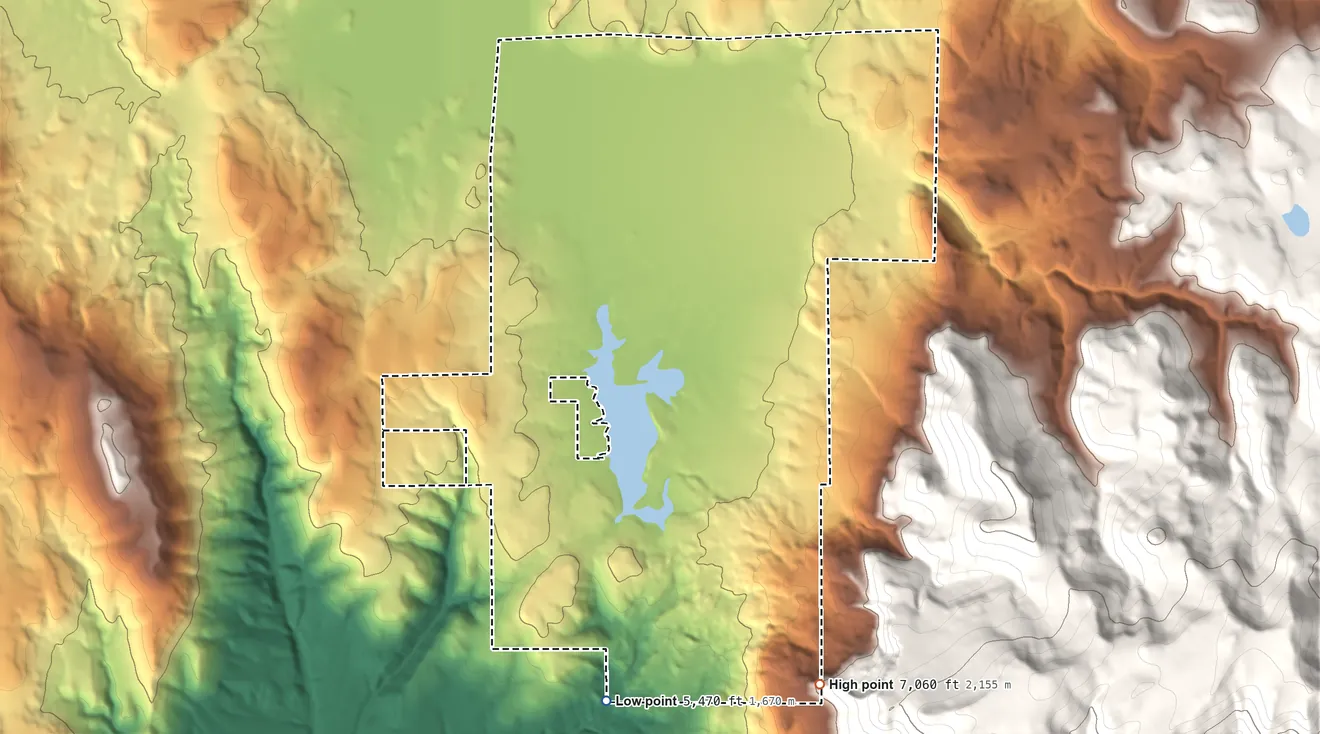 Topographic elevation map of Summit Lake Reservation, Nevada, shaded from 5,470 ft on the south side to 7,060 ft on the southeast side