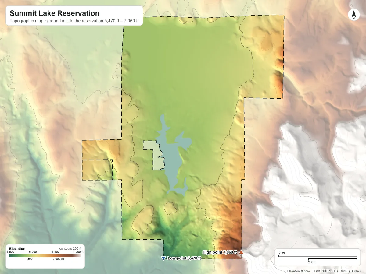 Topographic elevation map of Summit Lake Reservation, Nevada, shaded from 5,470 ft on the south side to 7,060 ft on the southeast side