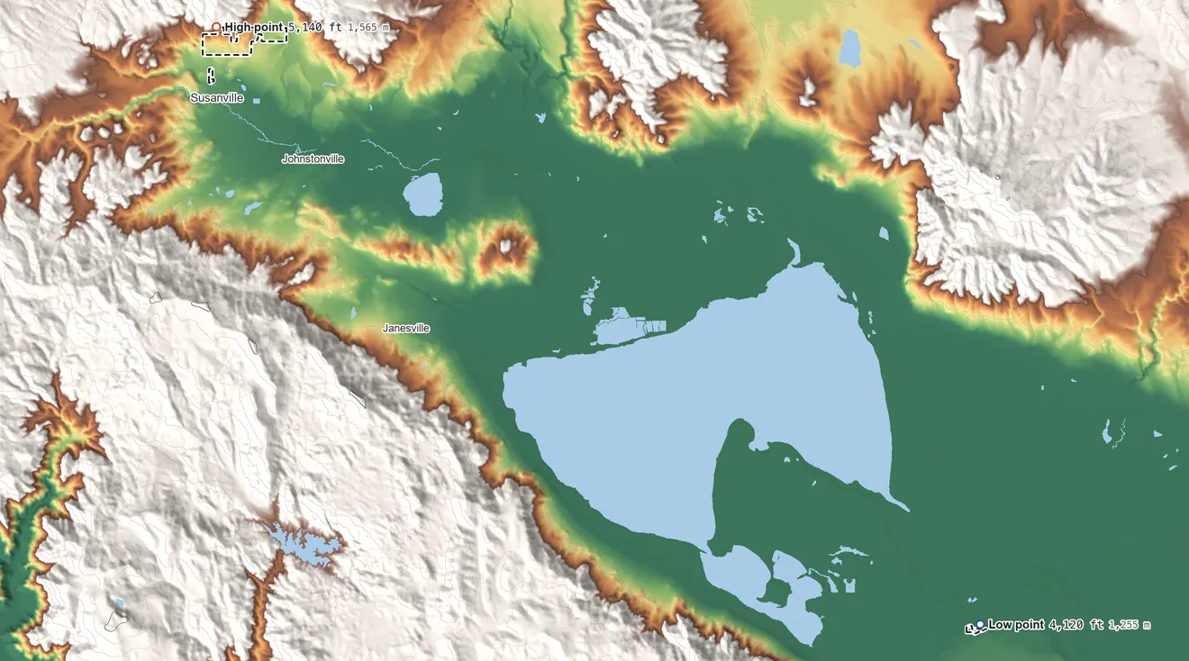 Topographic elevation map of Susanville Indian Rancheria, California, shaded from 4,120 ft on the southeast side to 5,140 ft on the northwest side