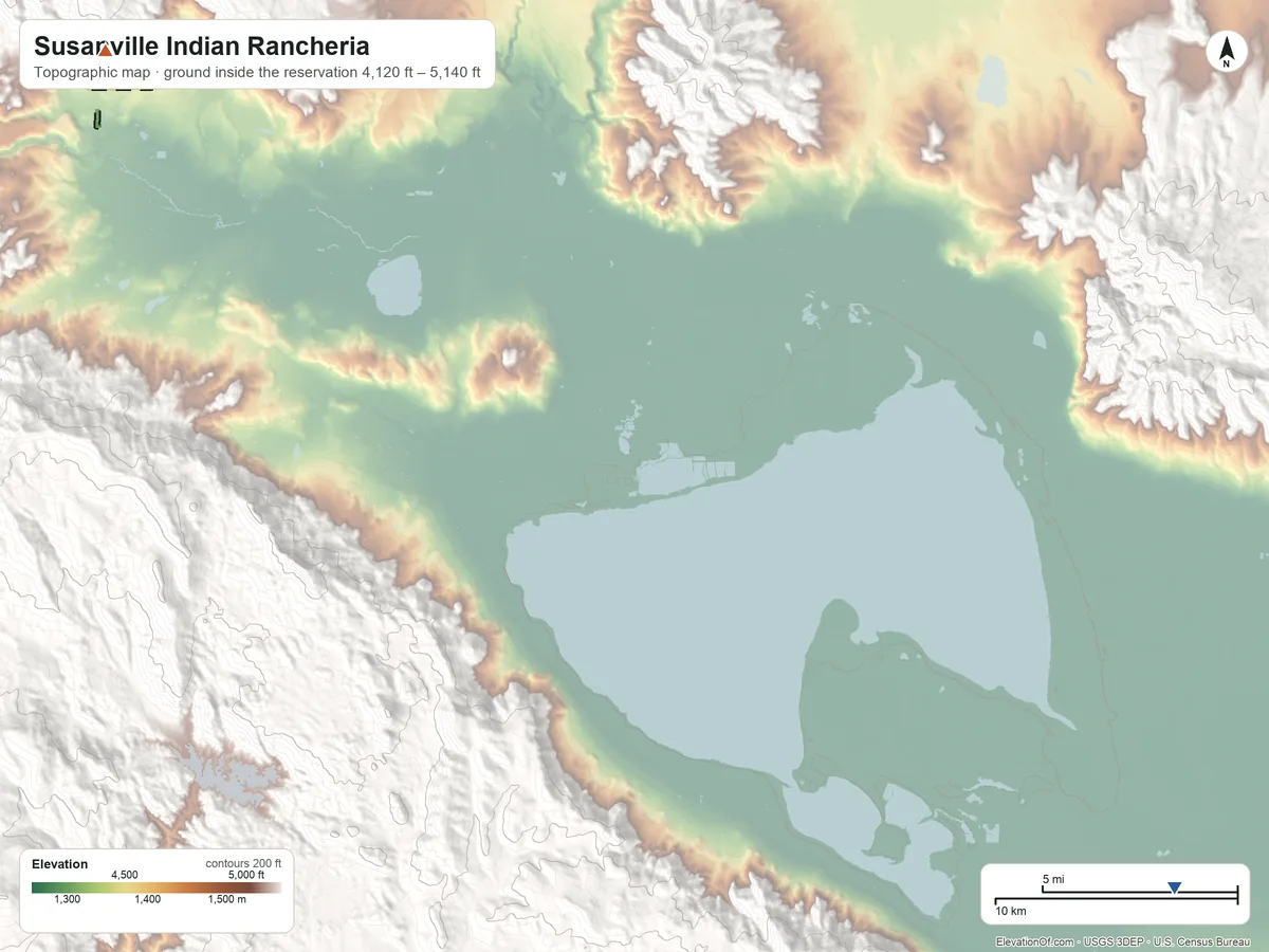 Topographic elevation map of Susanville Indian Rancheria, California, shaded from 4,120 ft on the southeast side to 5,140 ft on the northwest side