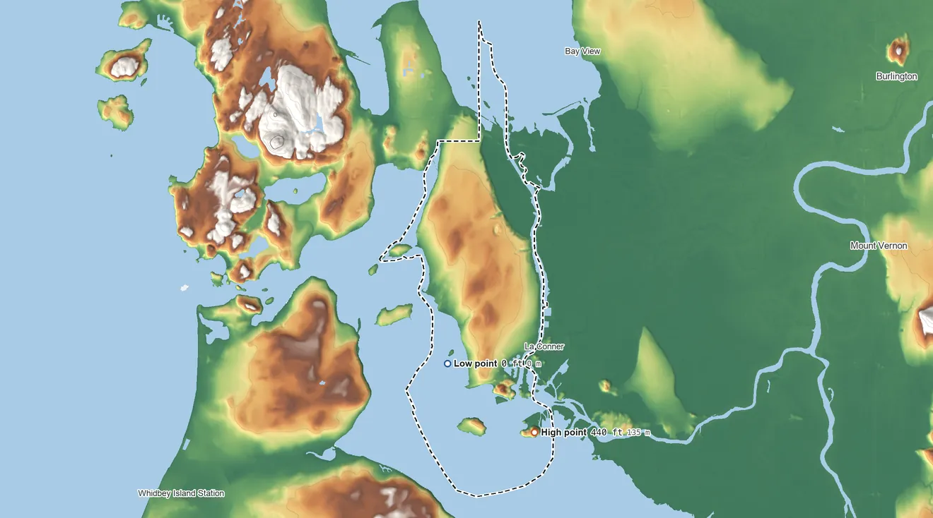 Topographic elevation map of Swinomish Reservation, Washington, shaded from sea level on the Salish Sea to 440 ft on the south side