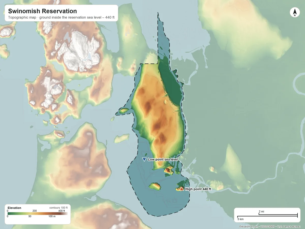 Topographic elevation map of Swinomish Reservation, Washington, shaded from sea level on the Salish Sea to 440 ft on the south side