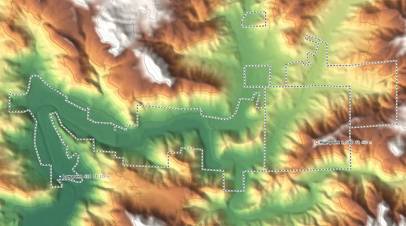 Topographic elevation map of Sycuan Reservation, California, shaded from 410 ft on the southwest side to 1,500 ft on the east side