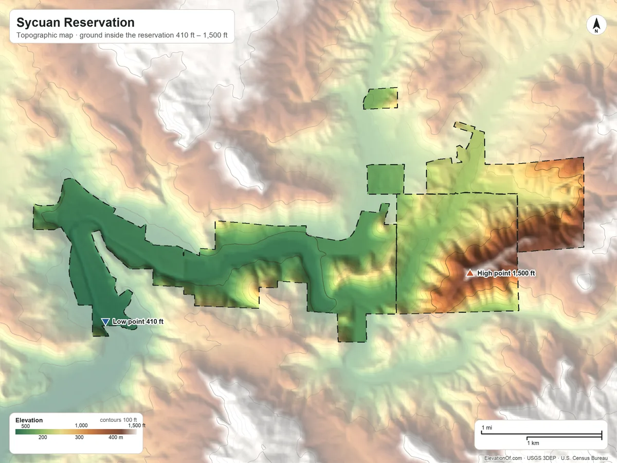 Topographic elevation map of Sycuan Reservation, California, shaded from 410 ft on the southwest side to 1,500 ft on the east side