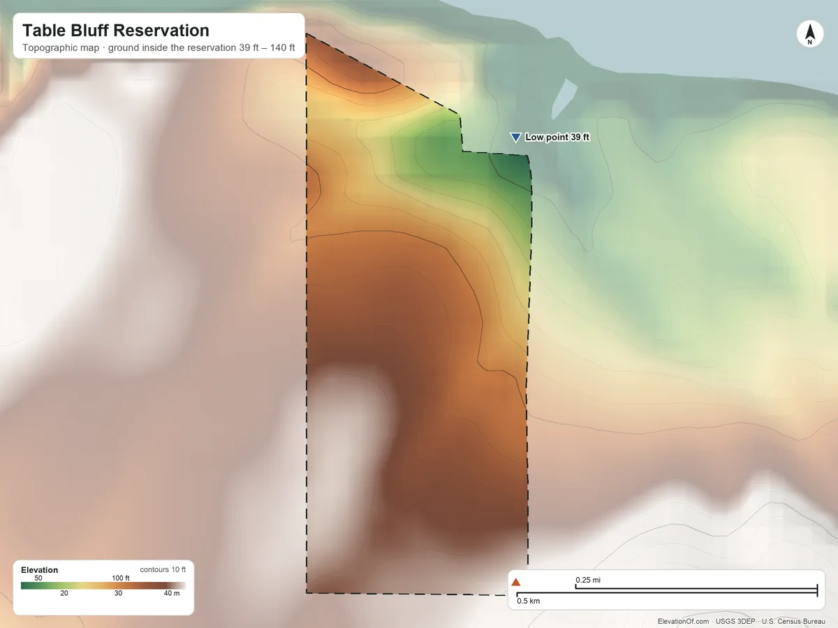 Topographic elevation map of Table Bluff Reservation, California, shaded from 39 ft on the northeast side to 140 ft on the south side