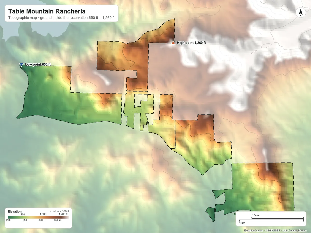 Topographic elevation map of Table Mountain Rancheria, California, shaded from 650 ft on the west side to 1,260 ft on the north side