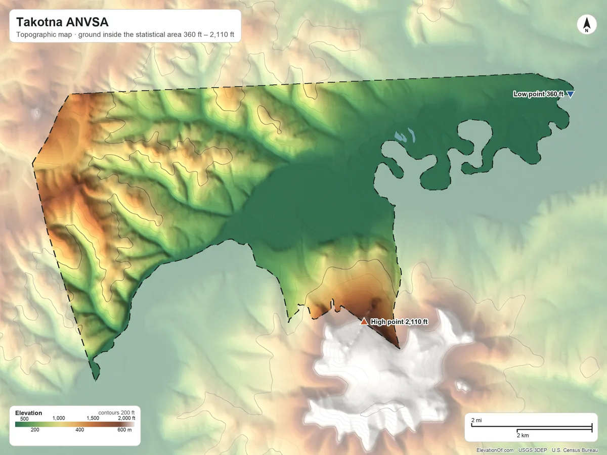 Topographic elevation map of Takotna ANVSA, Alaska, shaded from 360 ft on the northeast side to 2,110 ft on the southeast side