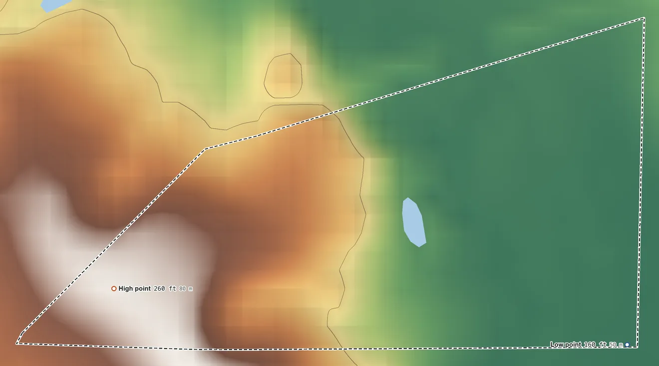 Topographic elevation map of Tama (state) Reservation, Georgia, shaded from 160 ft on the southeast side to 260 ft on the southwest side