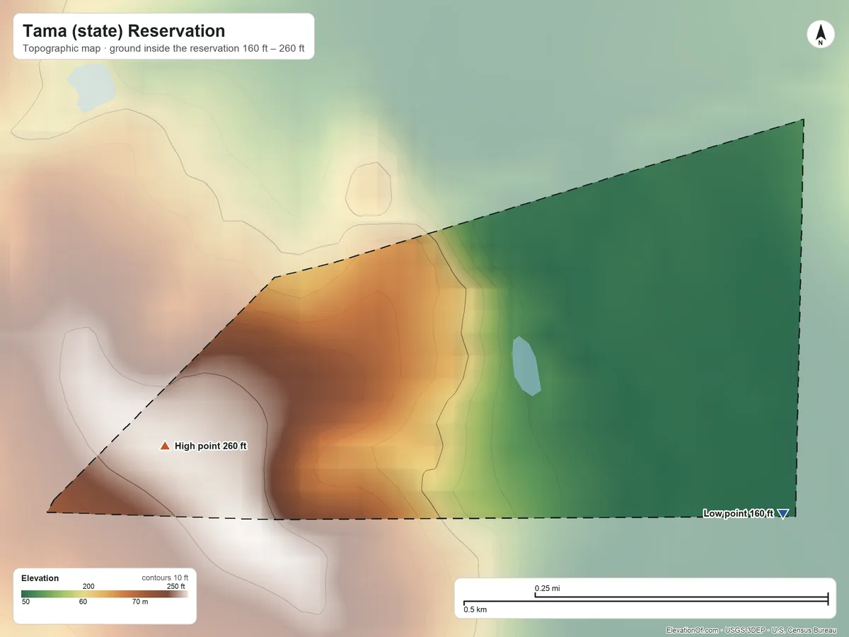 Topographic elevation map of Tama (state) Reservation, Georgia, shaded from 160 ft on the southeast side to 260 ft on the southwest side