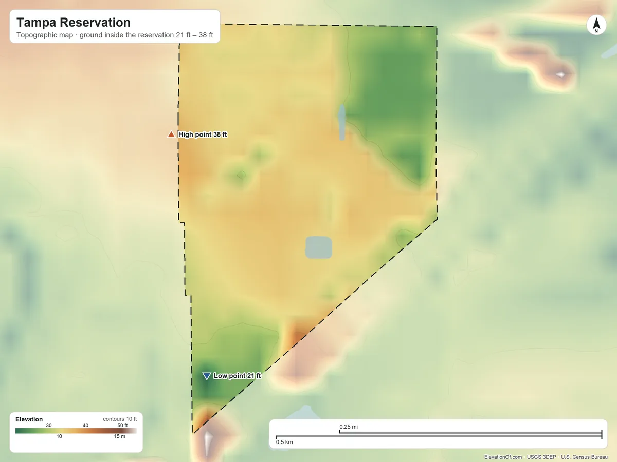Topographic elevation map of Tampa Reservation, Florida, shaded from 21 ft on the southwest side to 38 ft on the northwest side