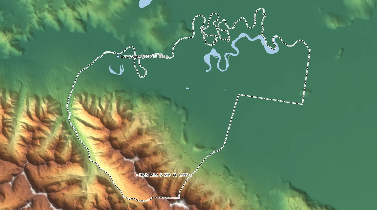 Topographic elevation map of Tanacross ANVSA, Alaska, shaded from 1,520 ft on the northwest side to 6,550 ft on the southwest side