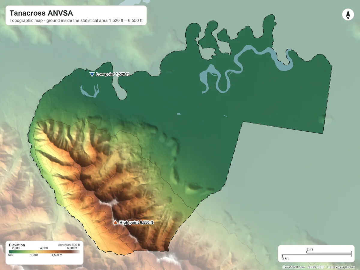 Topographic elevation map of Tanacross ANVSA, Alaska, shaded from 1,520 ft on the northwest side to 6,550 ft on the southwest side