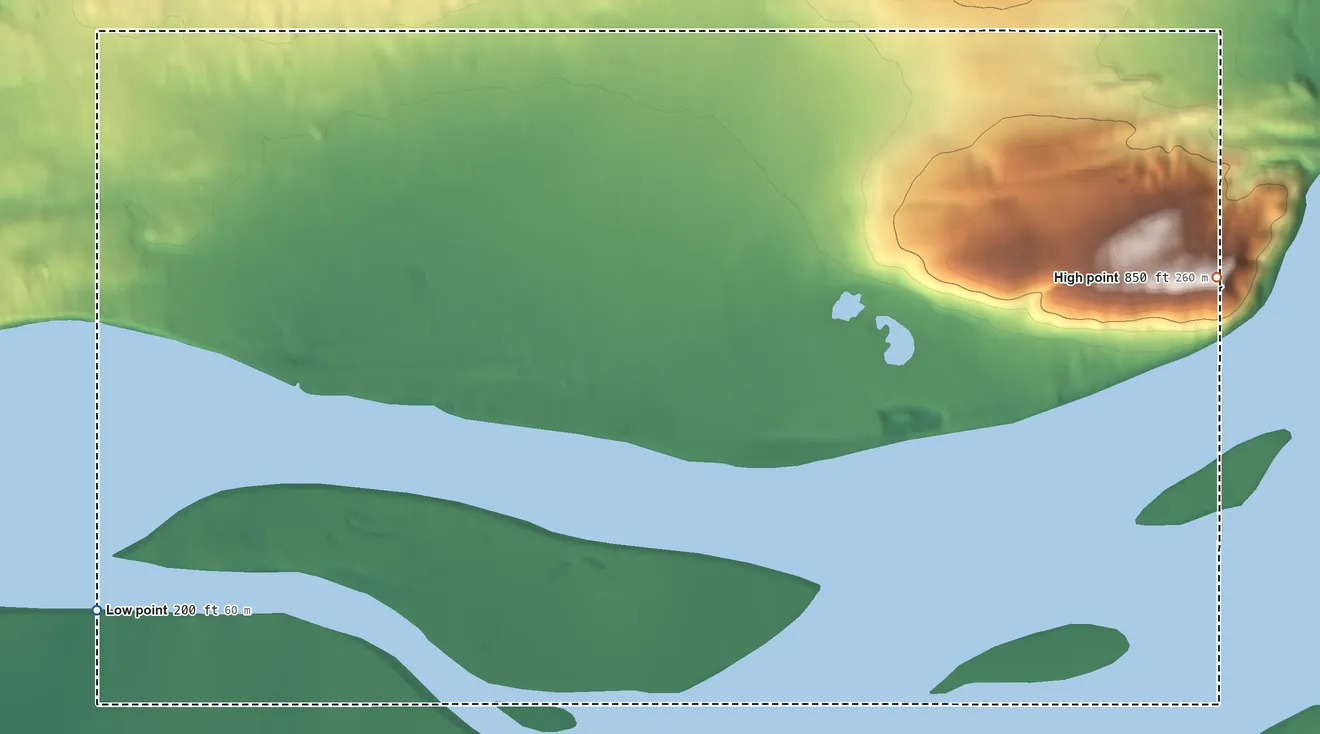 Topographic elevation map of Tanana ANVSA, Alaska, shaded from 200 ft on the southwest side to 850 ft on Mission Hill
