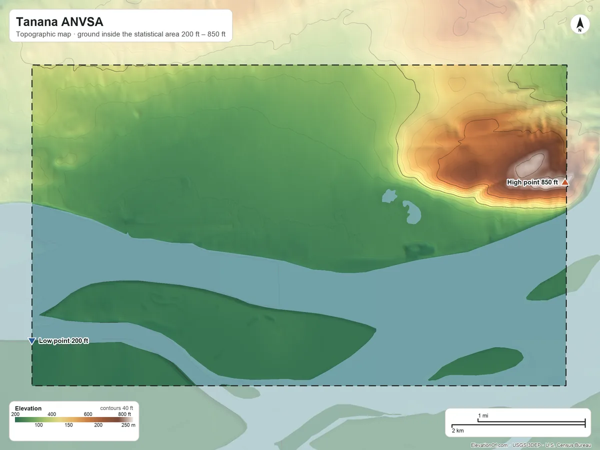 Topographic elevation map of Tanana ANVSA, Alaska, shaded from 200 ft on the southwest side to 850 ft on Mission Hill