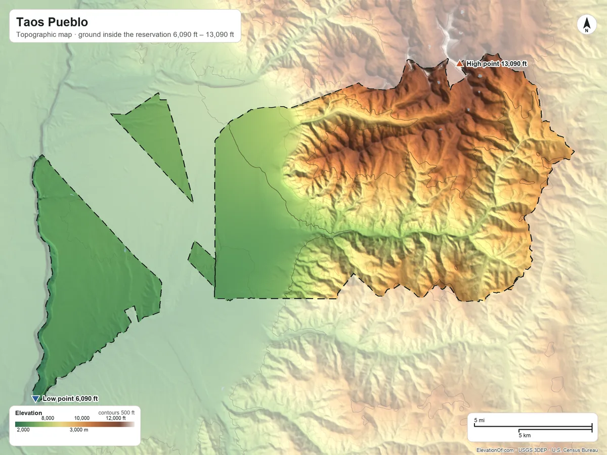 Topographic elevation map of Taos Pueblo, New Mexico, shaded from 6,090 ft on the southwest side to 13,090 ft on Old Mike Peak