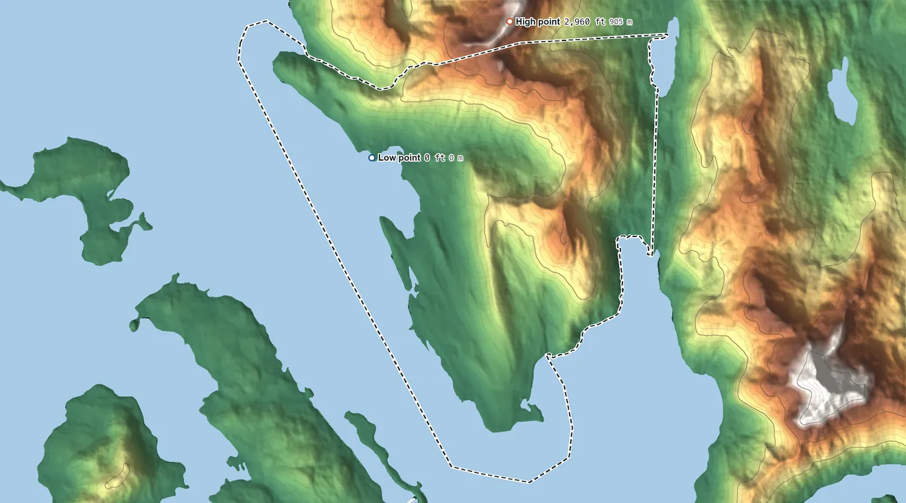 Topographic elevation map of Tatitlek ANVSA, Alaska, shaded from sea level on the Tatitlek Narrows to 2,960 ft on Ellamar Mountain