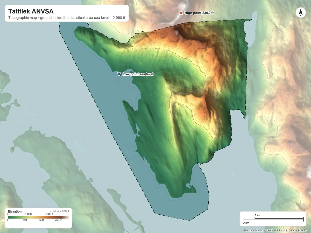 Topographic elevation map of Tatitlek ANVSA, Alaska, shaded from sea level on the Tatitlek Narrows to 2,960 ft on Ellamar Mountain