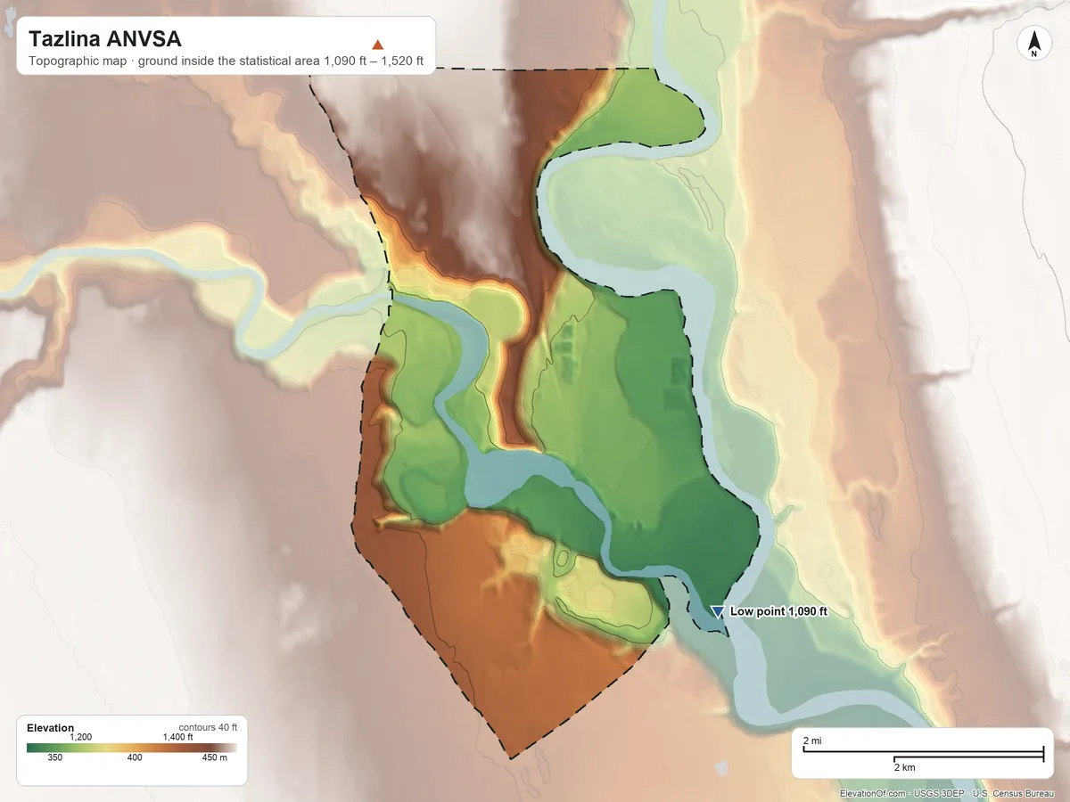 Topographic elevation map of Tazlina ANVSA, Alaska, shaded from 1,090 ft on the southeast side to 1,520 ft on the northwest side