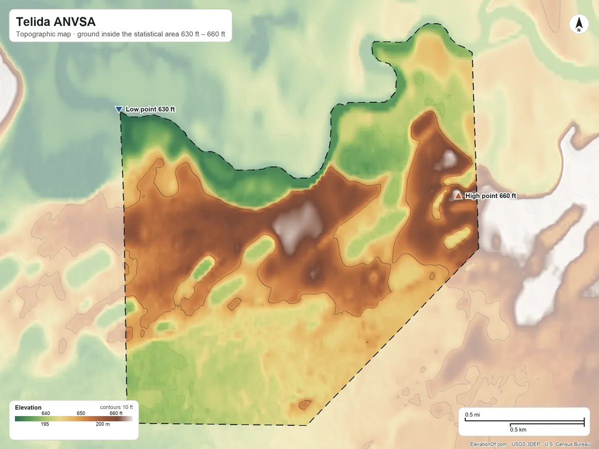 Topographic elevation map of Telida ANVSA, Alaska, shaded from 630 ft on the northwest side to 660 ft on the east side