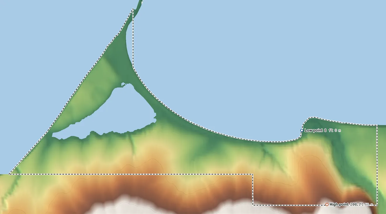Topographic elevation map of Teller ANVSA, Alaska, shaded from sea level on Grantley Harbor to 200 ft on the southeast side