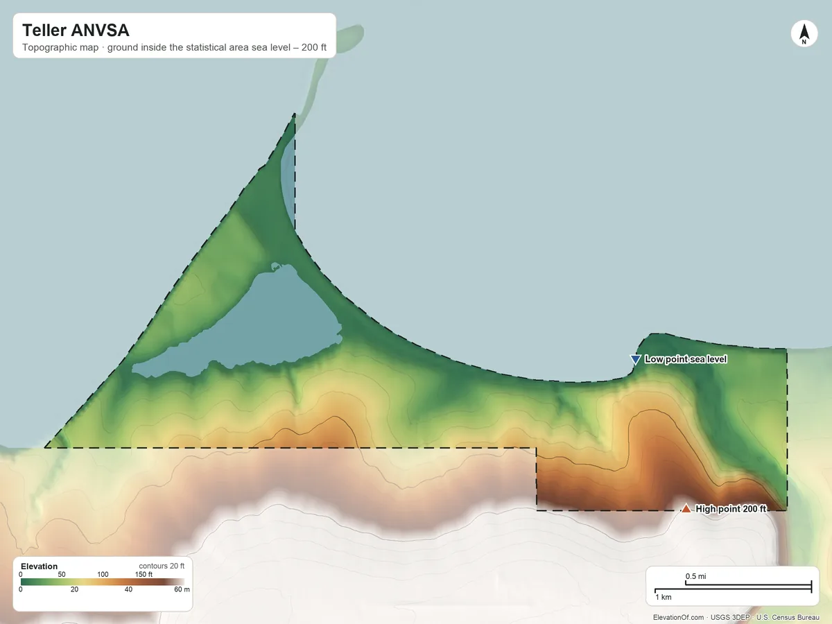 Topographic elevation map of Teller ANVSA, Alaska, shaded from sea level on Grantley Harbor to 200 ft on the southeast side