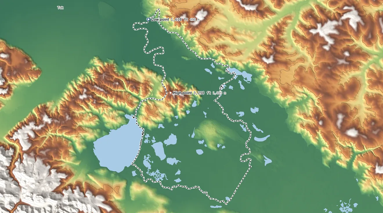 Topographic elevation map of Tetlin ANVSA, Alaska, shaded from 1,610 ft on the northwest side to 3,290 ft on Chisana Mountain