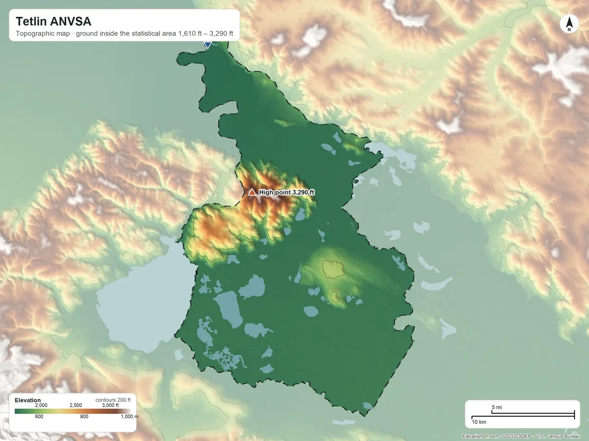 Topographic elevation map of Tetlin ANVSA, Alaska, shaded from 1,610 ft on the northwest side to 3,290 ft on Chisana Mountain