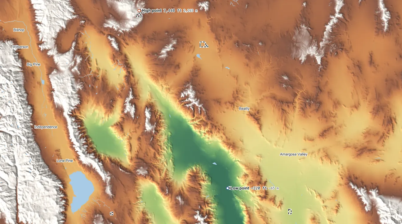 Topographic elevation map of Timbi-Sha Shoshone Reservation, Nevada, shaded from 220 ft below sea level on the south side to 7,440 ft on the northwest side