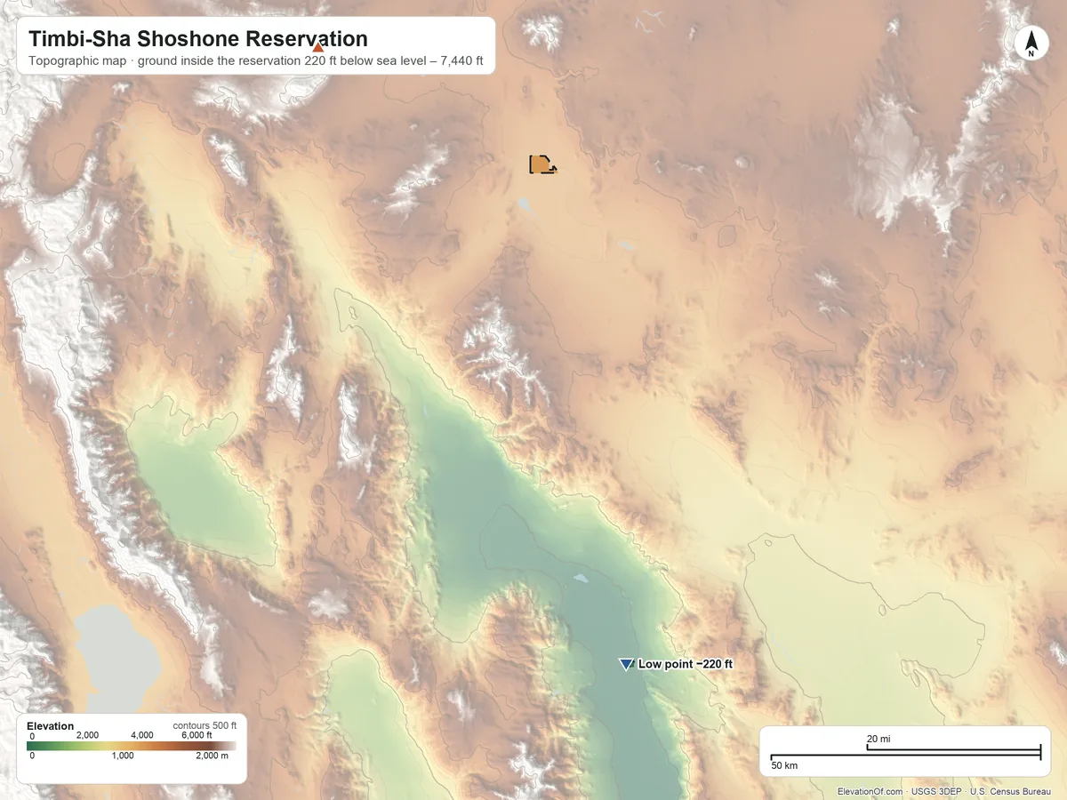 Topographic elevation map of Timbi-Sha Shoshone Reservation, Nevada, shaded from 220 ft below sea level on the south side to 7,440 ft on the northwest side