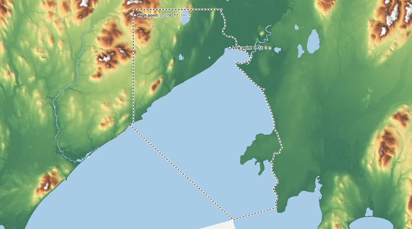 Topographic elevation map of Togiak ANVSA, Alaska, shaded from sea level on Togiak Bay to 1,270 ft on the northwest side
