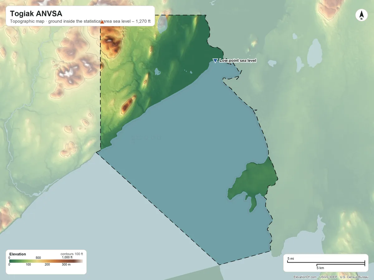 Topographic elevation map of Togiak ANVSA, Alaska, shaded from sea level on Togiak Bay to 1,270 ft on the northwest side