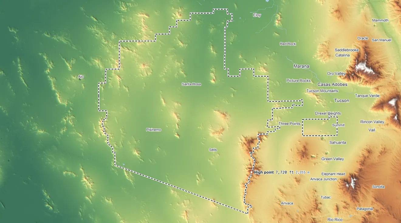 Topographic elevation map of Tohono O'odham Nation Reservation, Arizona, shaded from 610 ft on the northwest side to 7,720 ft on Baboquivari Peak