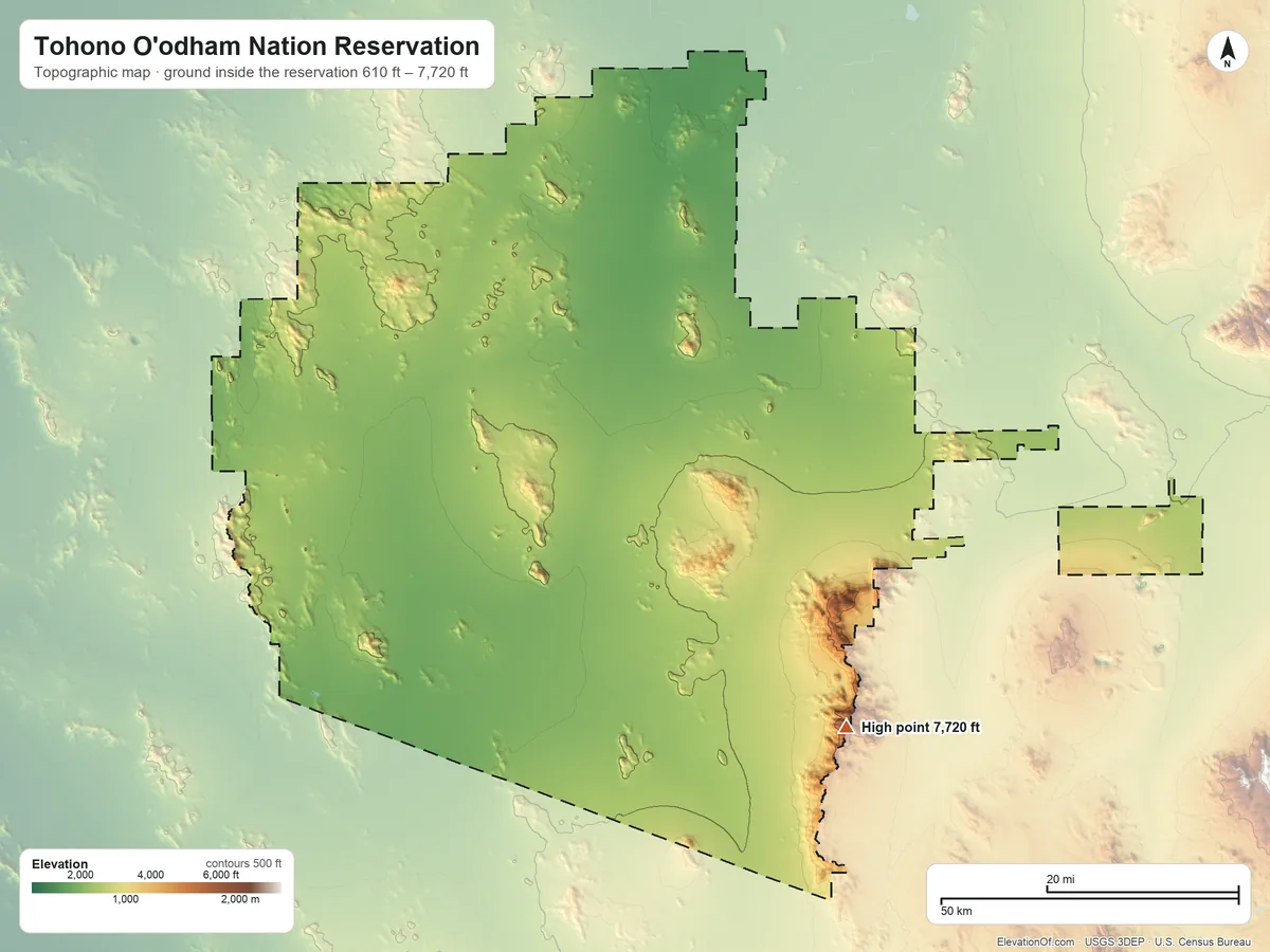 Topographic elevation map of Tohono O'odham Nation Reservation, Arizona, shaded from 610 ft on the northwest side to 7,720 ft on Baboquivari Peak