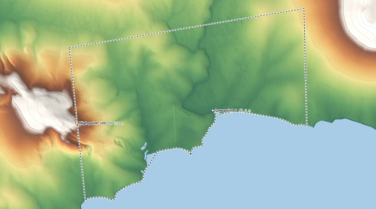 Topographic elevation map of Toksook Bay ANVSA, Alaska, shaded from sea level on Kangirlvar Bay to 500 ft on the west side