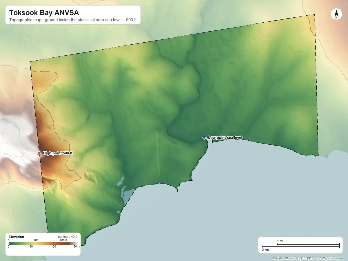 Topographic elevation map of Toksook Bay ANVSA, Alaska, shaded from sea level on Kangirlvar Bay to 500 ft on the west side