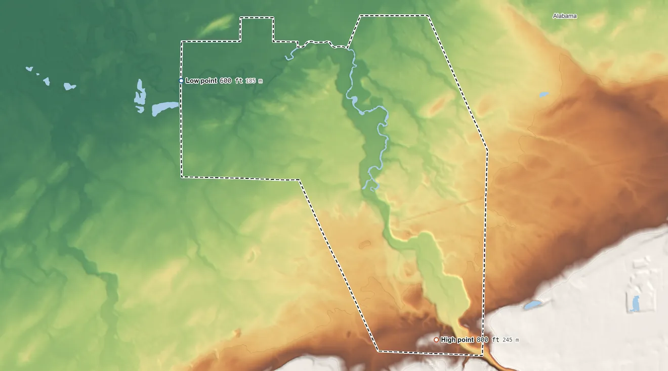 Topographic elevation map of Tonawanda Reservation, New York, shaded from 600 ft on the northwest side to 800 ft on the southeast side