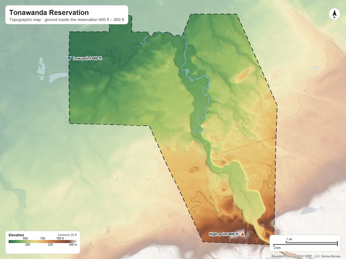 Topographic elevation map of Tonawanda Reservation, New York, shaded from 600 ft on the northwest side to 800 ft on the southeast side