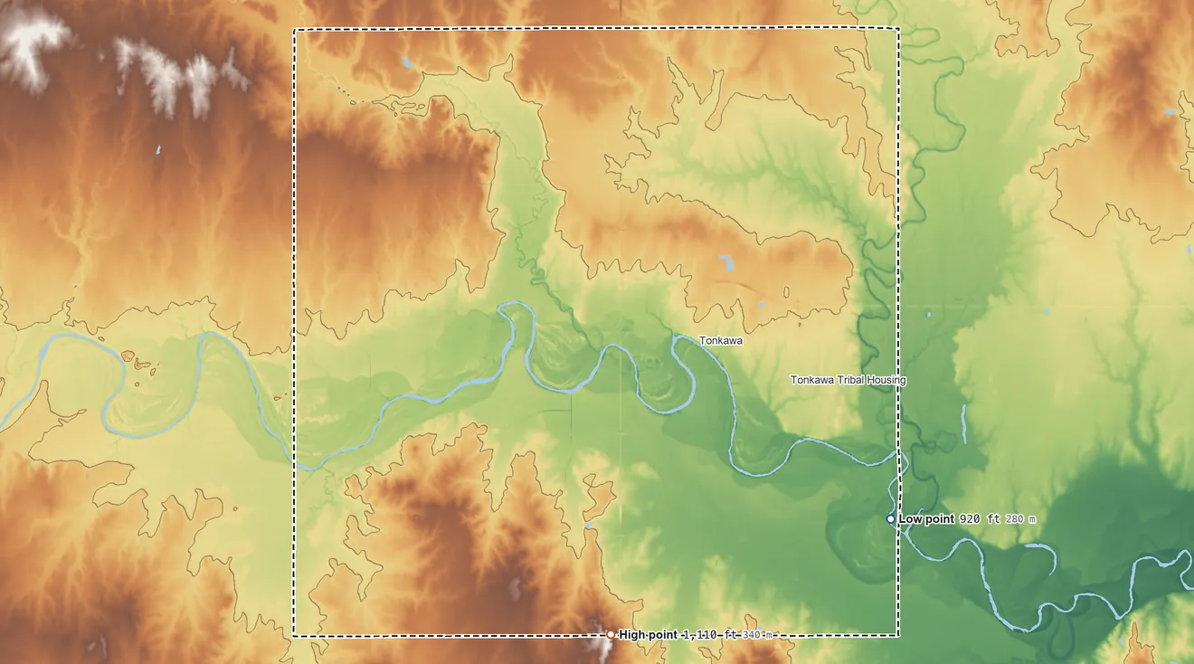Topographic elevation map of Tonkawa OTSA, Oklahoma, shaded from 920 ft on the southeast side to 1,110 ft on the south side