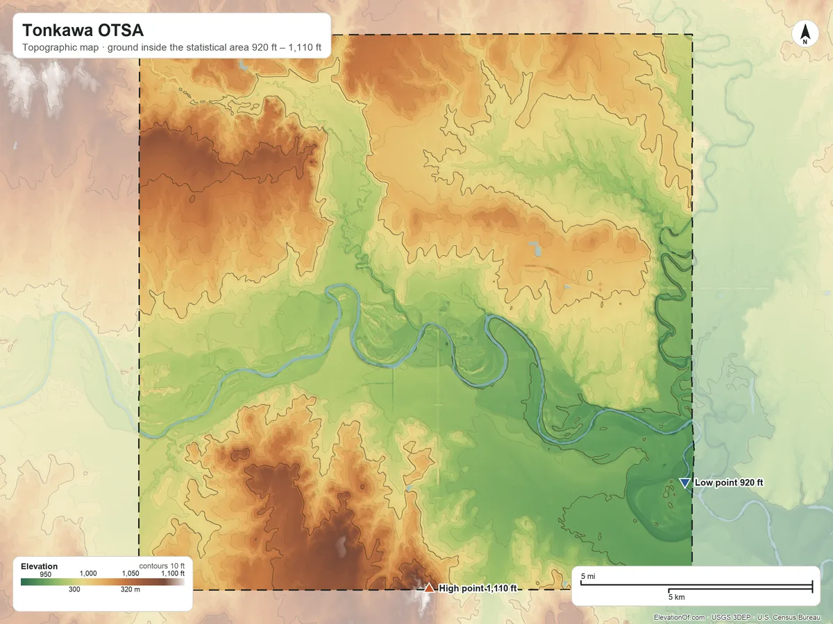 Topographic elevation map of Tonkawa OTSA, Oklahoma, shaded from 920 ft on the southeast side to 1,110 ft on the south side