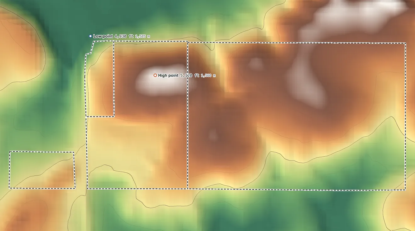 Topographic elevation map of Tonto Apache Reservation, Arizona, shaded from 4,930 ft on the northwest side to 5,120 ft on the northwest side