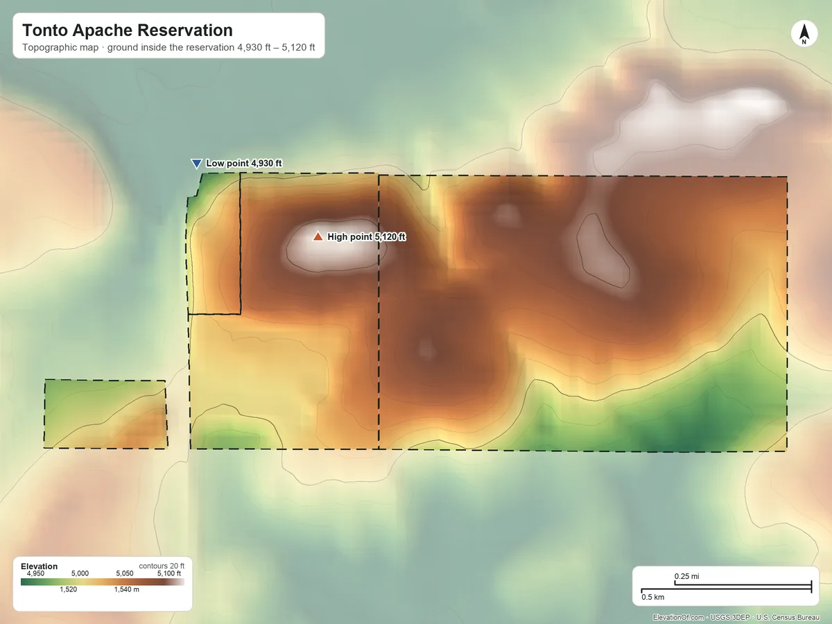 Topographic elevation map of Tonto Apache Reservation, Arizona, shaded from 4,930 ft on the northwest side to 5,120 ft on the northwest side